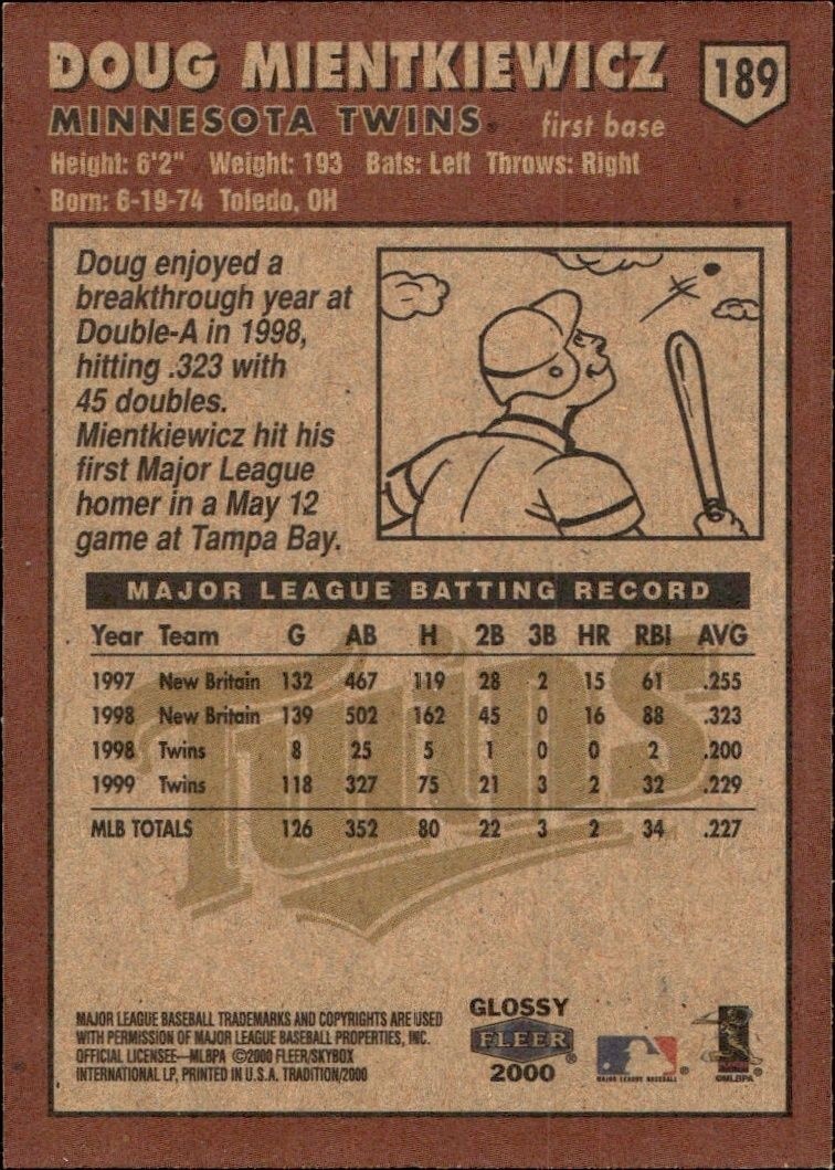 2000 Fleer Tradition Glossy Doug Mientkiewicz #189 baseball trading card back