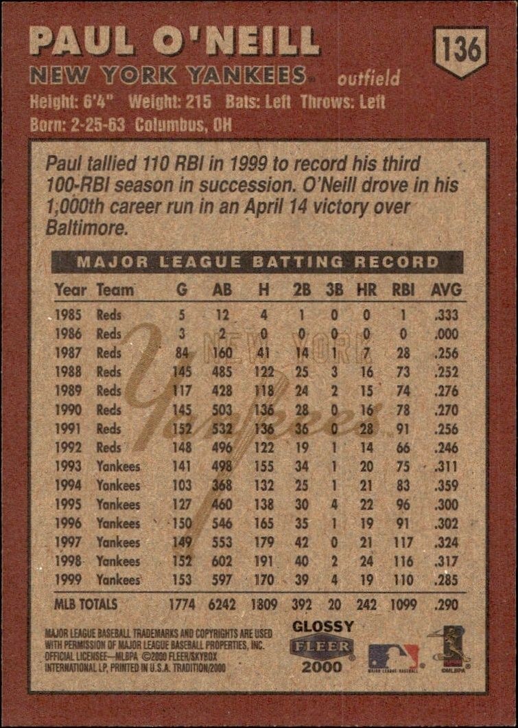 2000 Fleer Tradition Glossy Paul O'Neill #136 baseball trading card back