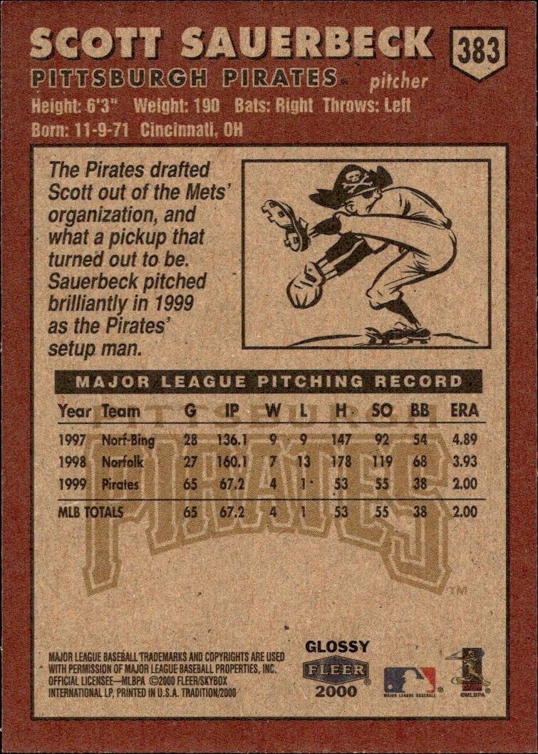 2000 Fleer Tradition Glossy Scott Sauerbeck #383 baseball trading card back