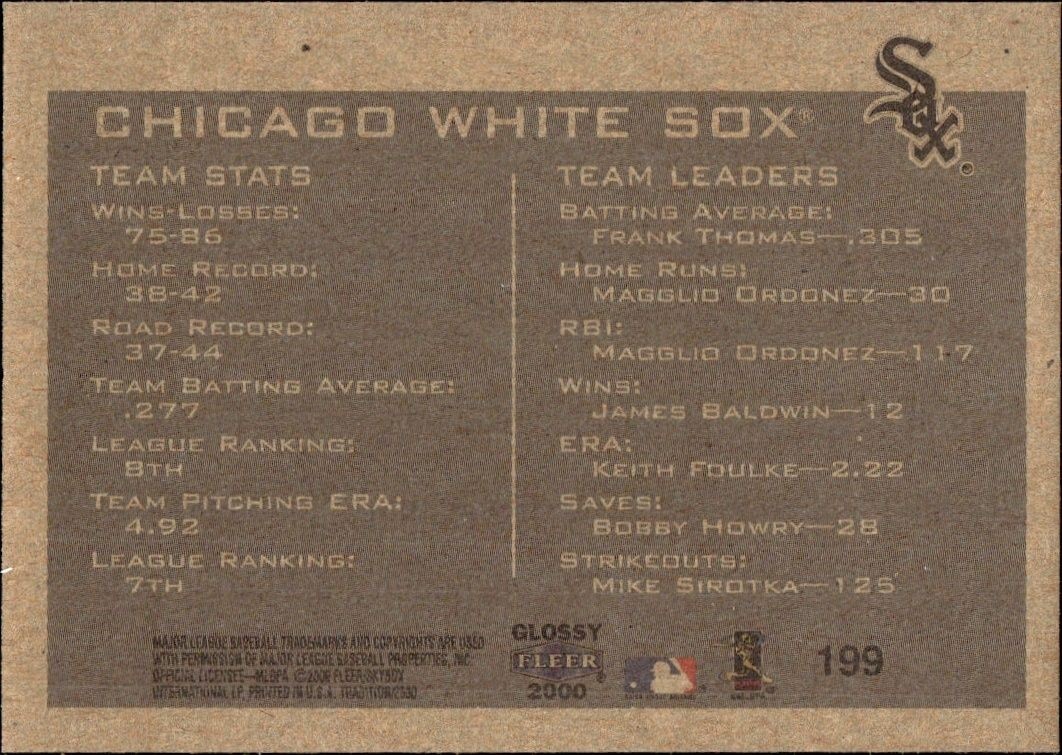2000 Fleer Tradition Glossy Chicago White Sox #199 baseball trading card back