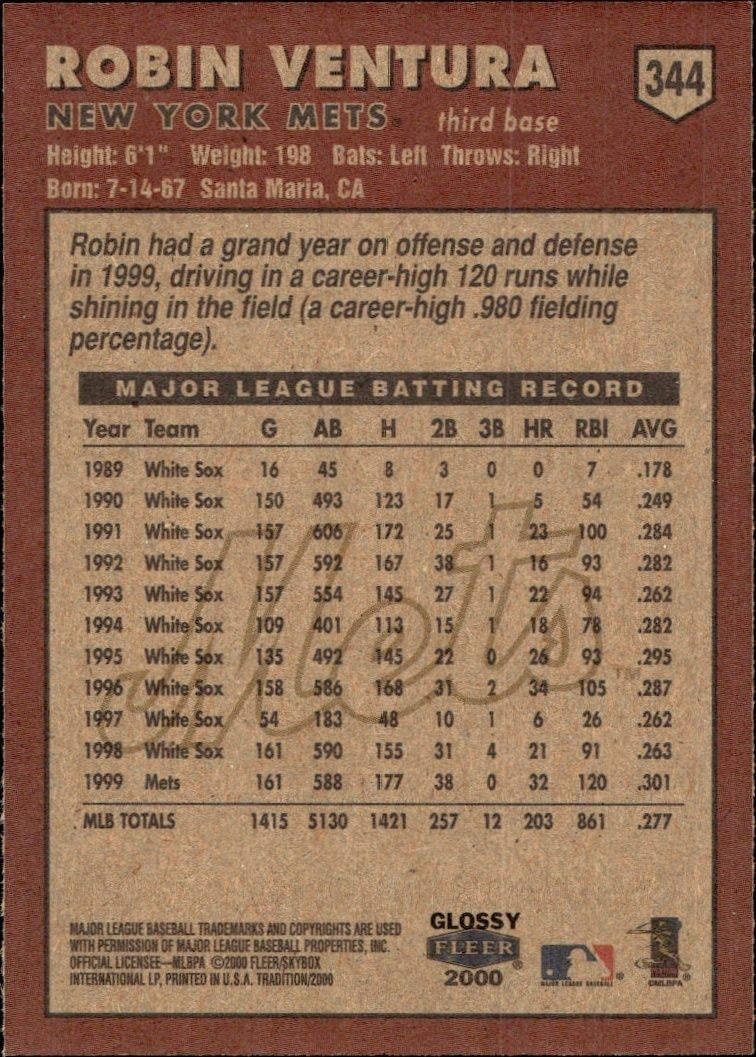 2000 Fleer Tradition Glossy Robin Ventura #344 baseball trading card back