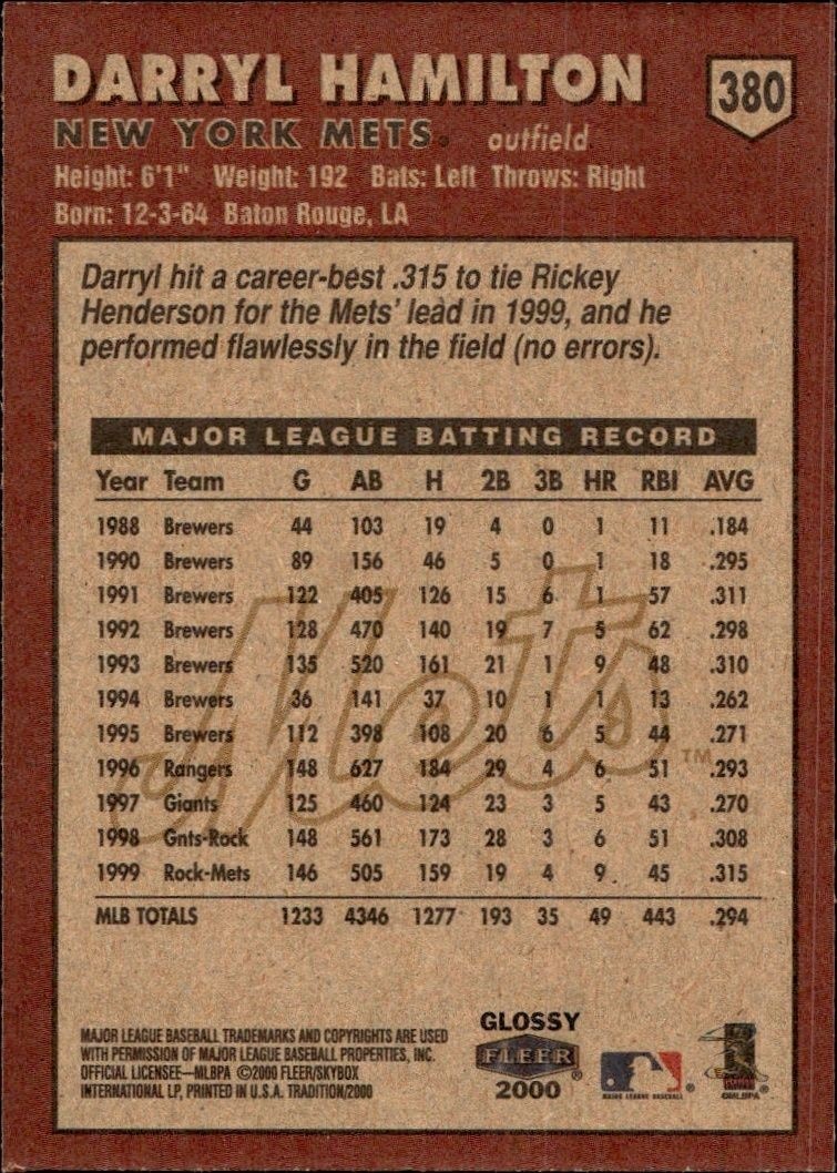 2000 Fleer Tradition Glossy Darryl Hamilton #380 baseball trading card back