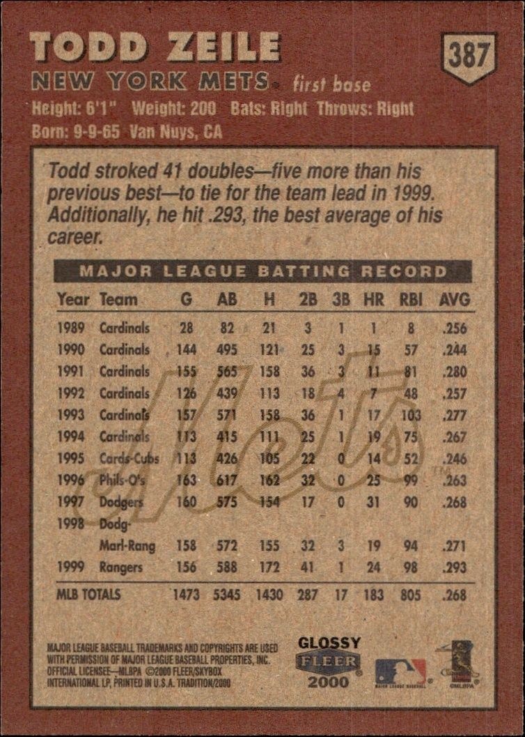 2000 Fleer Tradition Glossy Todd Zeile #387 baseball trading card back