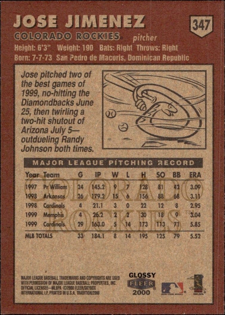 2000 Fleer Tradition Glossy Jose Jimenez #347 baseball trading card back