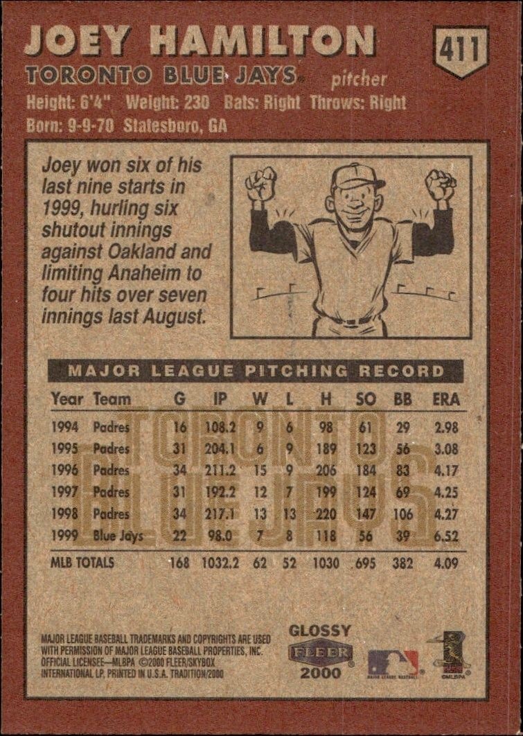 2000 Fleer Tradition Glossy Joey Hamilton #411 baseball trading card back