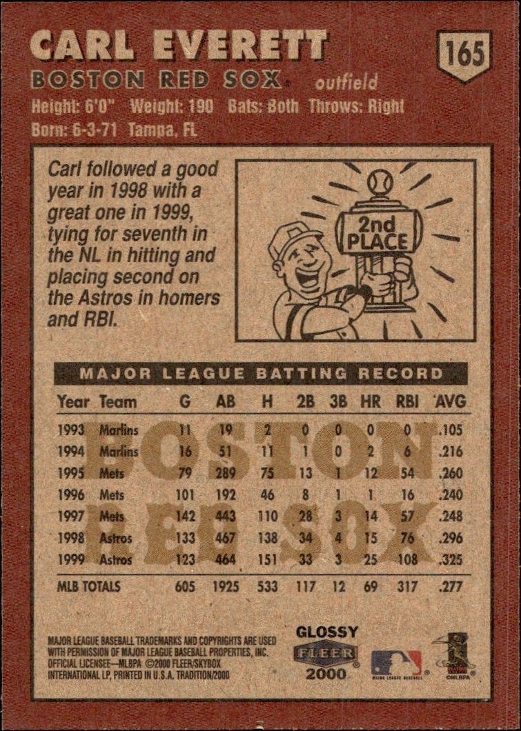 2000 Fleer Tradition Glossy Carl Everett #165 baseball trading card back