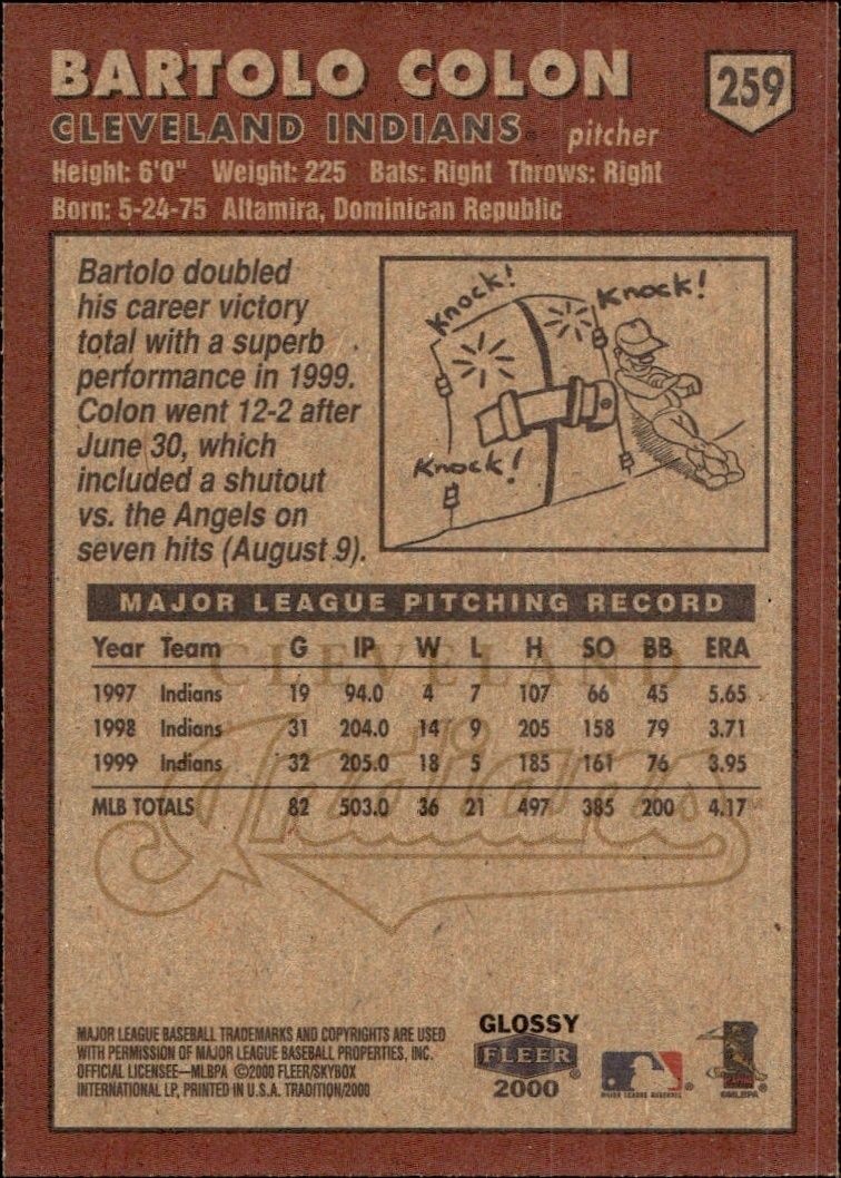 2000 Fleer Tradition Glossy Bartolo Colon #259 baseball trading card back