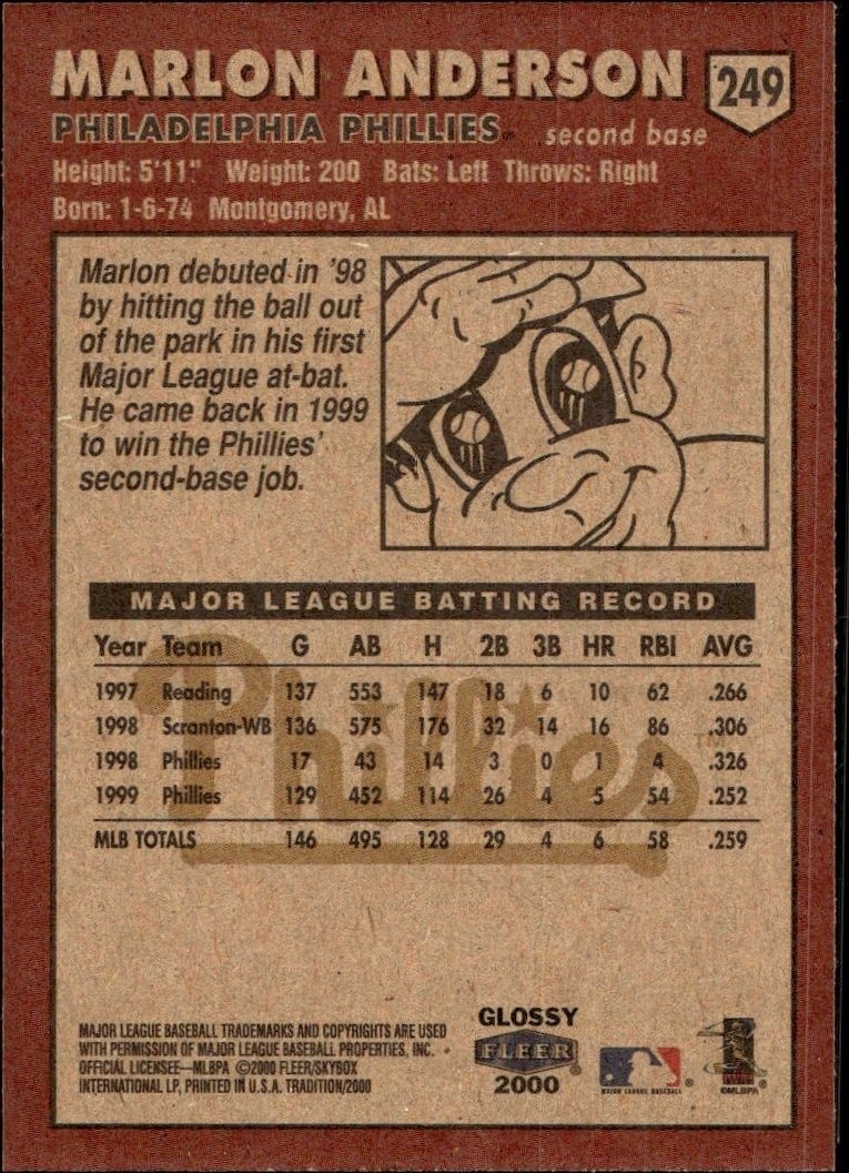 2000 Fleer Tradition Glossy Marlon Anderson #249 baseball trading card back