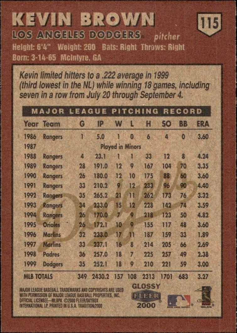 2000 Fleer Tradition Glossy Kevin Brown #115 baseball trading card back