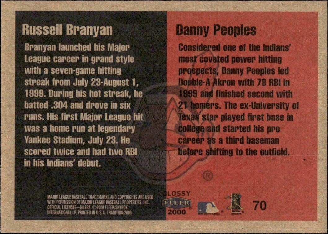 2000 Fleer Tradition Glossy Russell Branyan #70 baseball trading card back