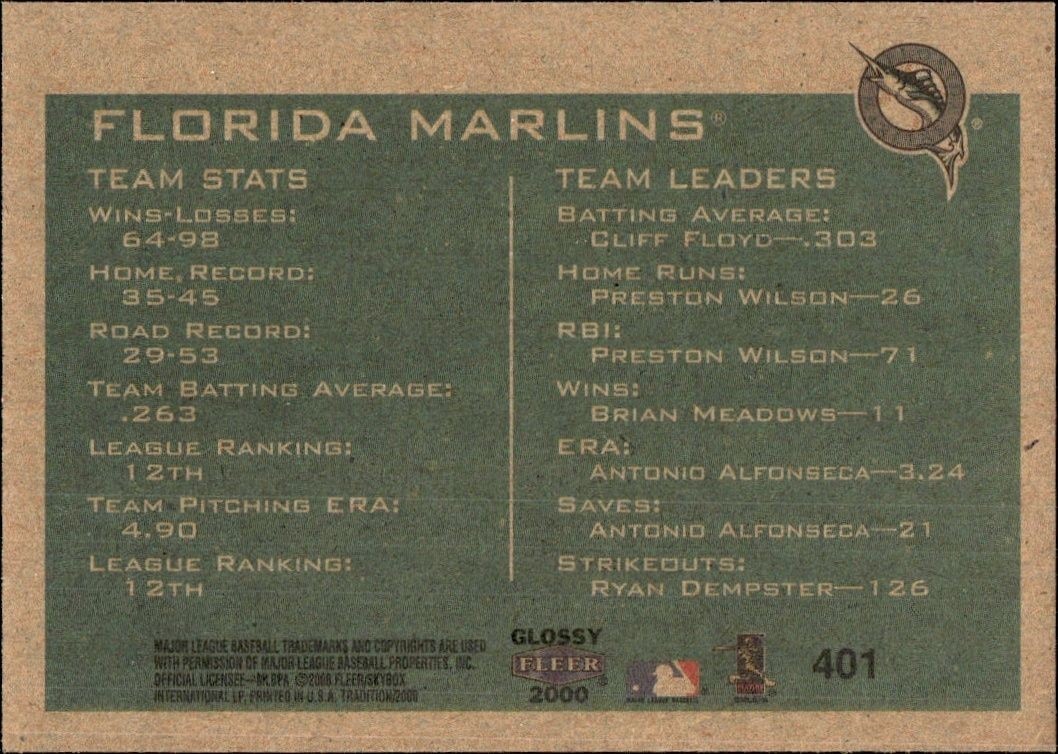 2000 Fleer Tradition Glossy Florida Marlins #401 baseball trading card back