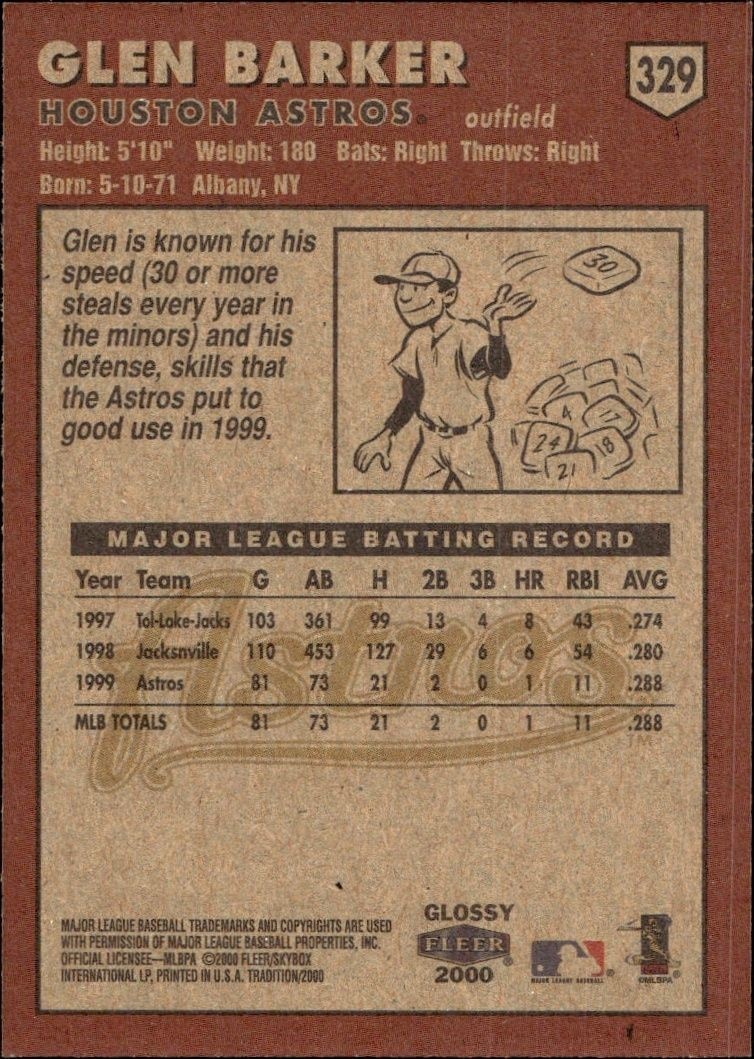 2000 Fleer Tradition Glossy Glen Barker #329 baseball trading card back