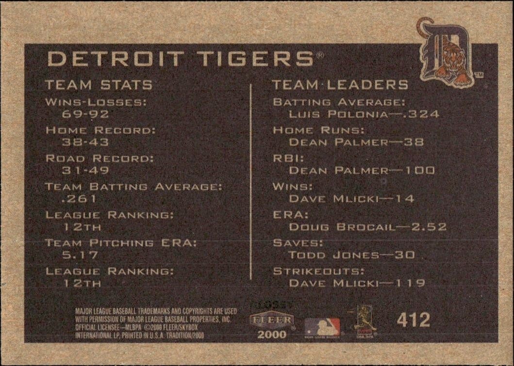 2000 Fleer Tradition Glossy Detroit Tigers #412 baseball trading card back