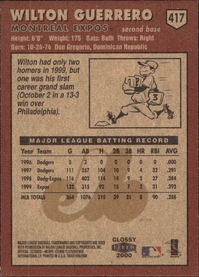 2000 Fleer Tradition Glossy Wilton Guerrero #417 baseball trading card back