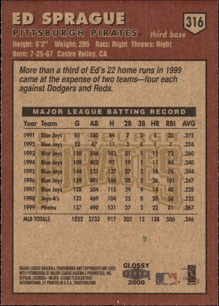2000 Fleer Tradition Glossy Ed Sprague #316 baseball trading card back