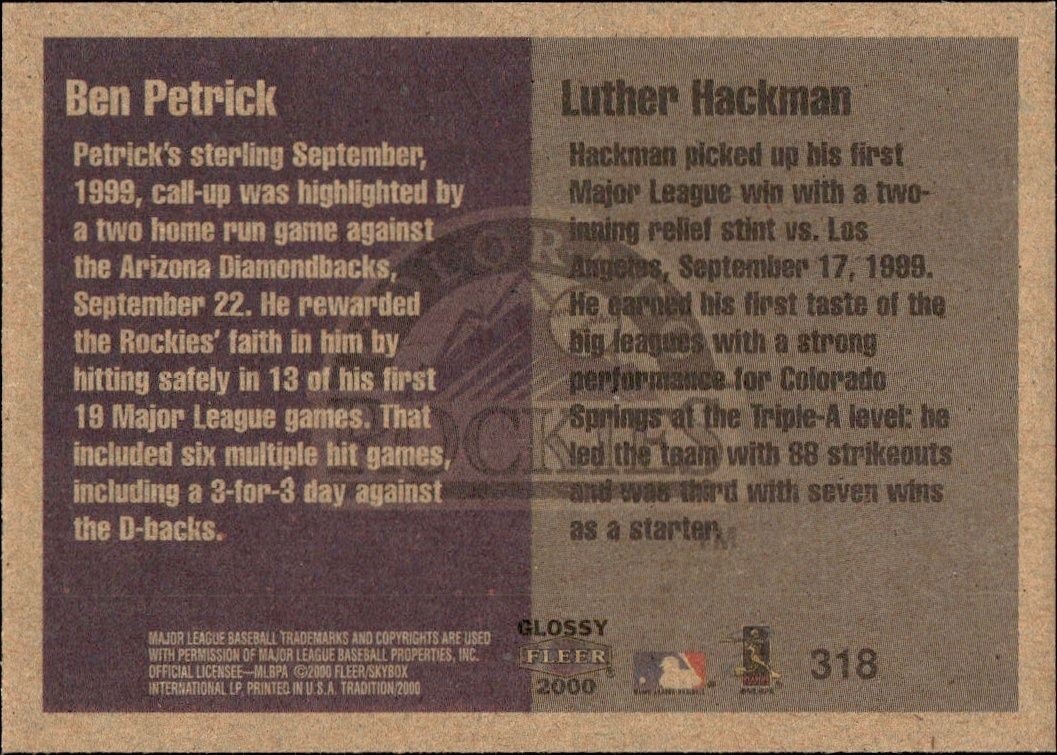 2000 Fleer Tradition Glossy Ben Petrick #318 baseball trading card back
