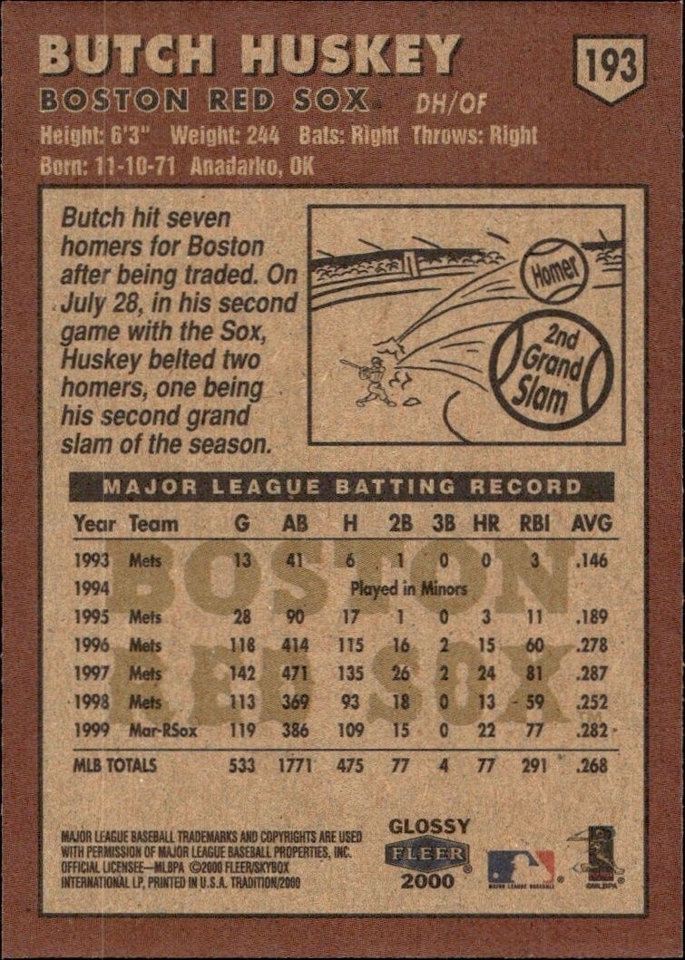 2000 Fleer Tradition Glossy Butch Huskey #193 baseball trading card back