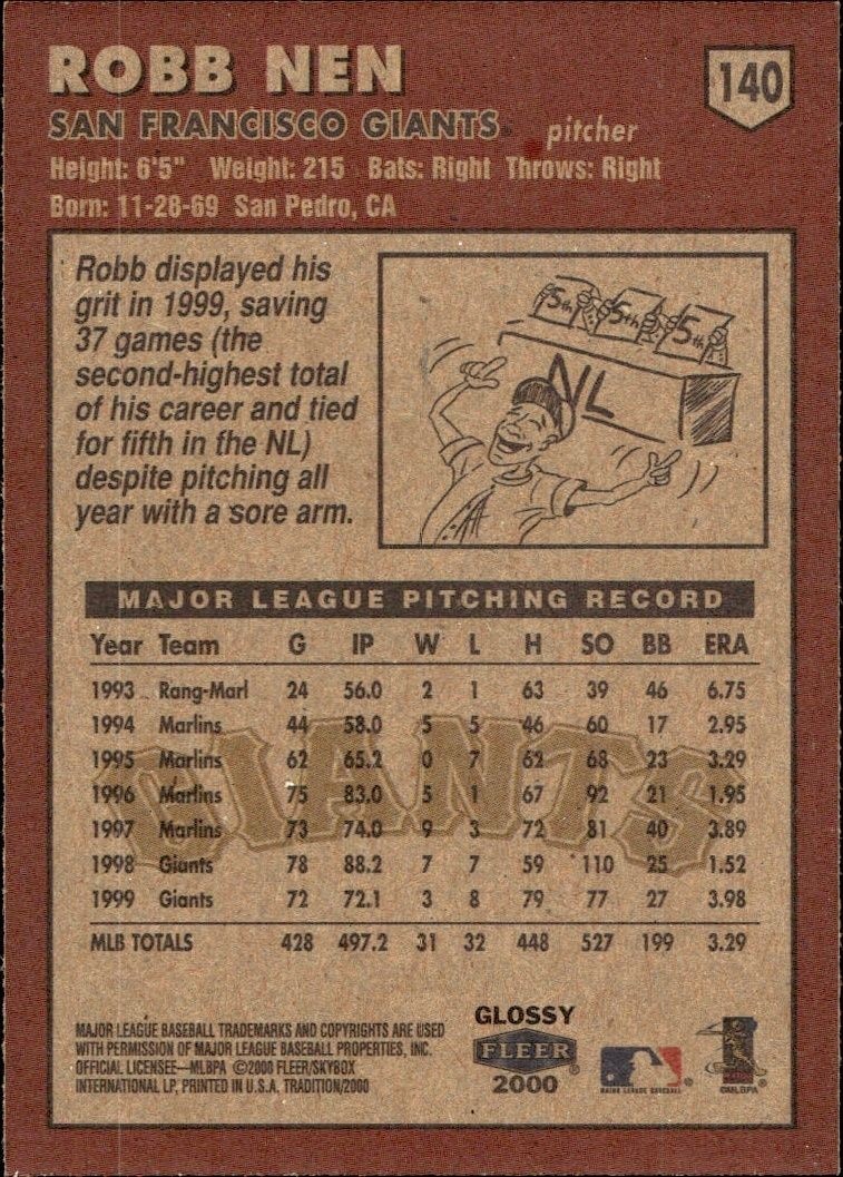2000 Fleer Tradition Glossy Robb Nen #140 baseball trading card back