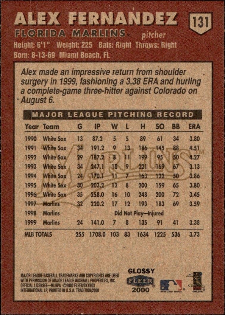 2000 Fleer Tradition Glossy Alex Fernandez #131 baseball trading card back