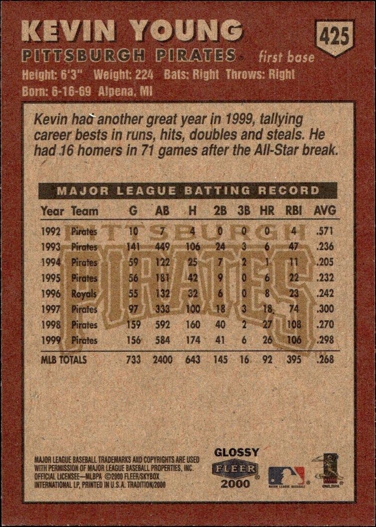 2000 Fleer Tradition Glossy Kevin Young #425 baseball trading card back
