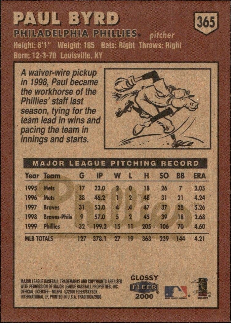2000 Fleer Tradition Glossy Paul Byrd #365 baseball trading card back