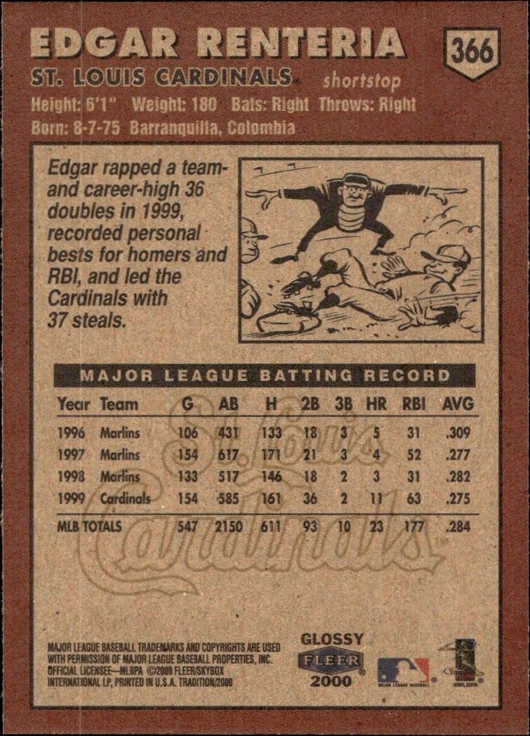 2000 Fleer Tradition Glossy Edgar Renteria #366 baseball trading card back