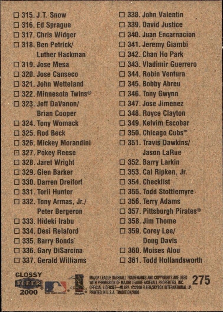 2000 Fleer Tradition Glossy Checklist #275 baseball trading card back