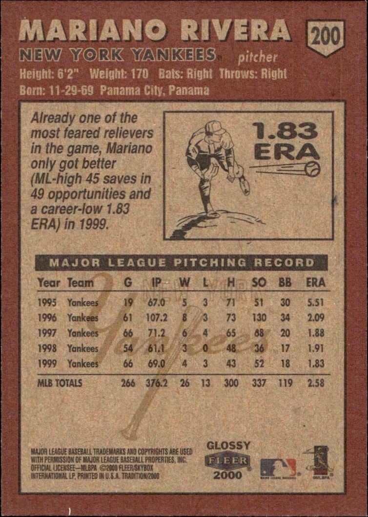 2000 Fleer Tradition Glossy Mariano Rivera #200 baseball trading card back