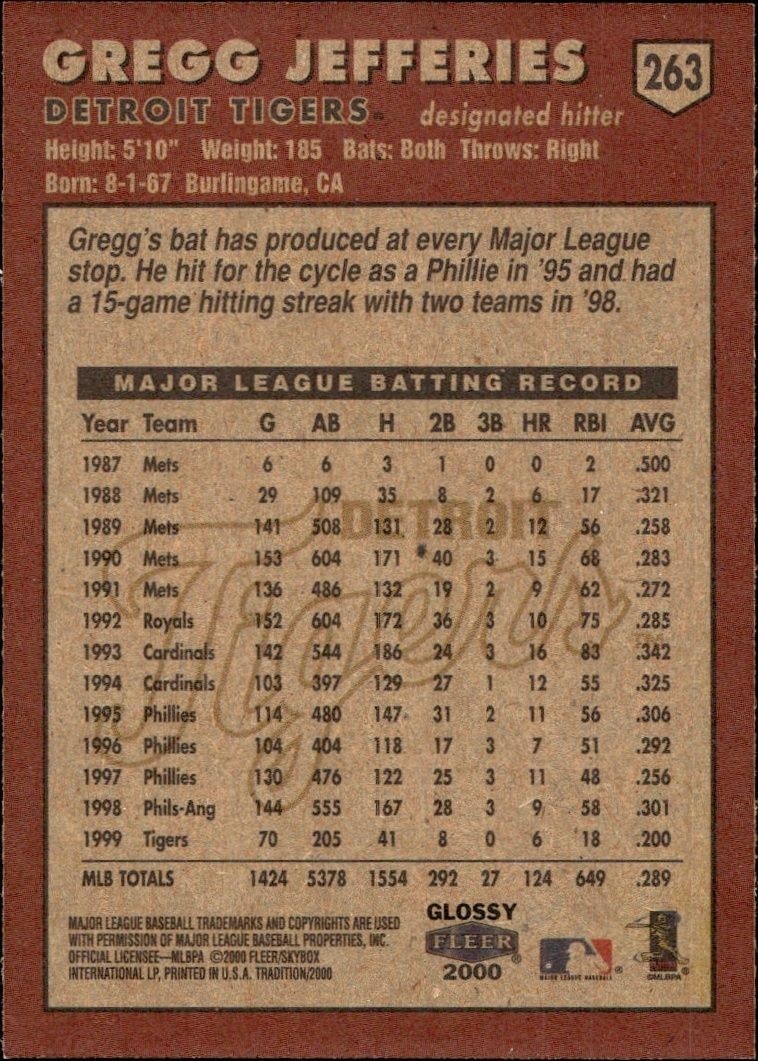 2000 Fleer Tradition Glossy Gregg Jefferies #263 baseball trading card back