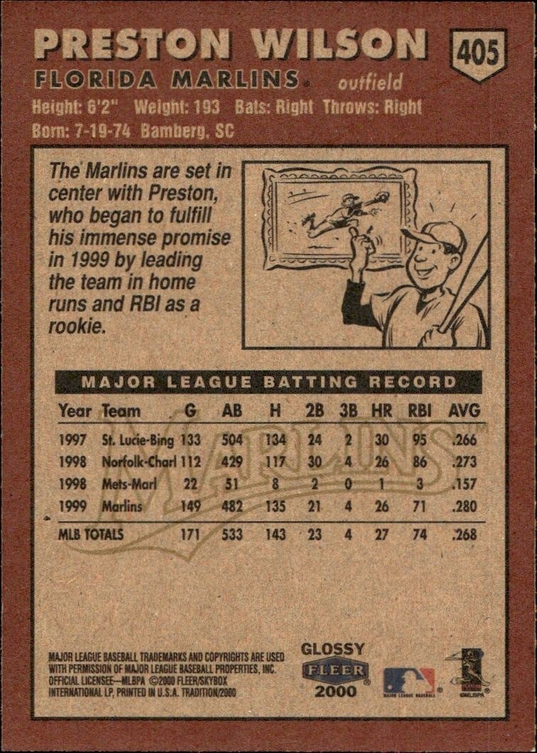 2000 Fleer Tradition Glossy Preston Wilson #405 baseball trading card back