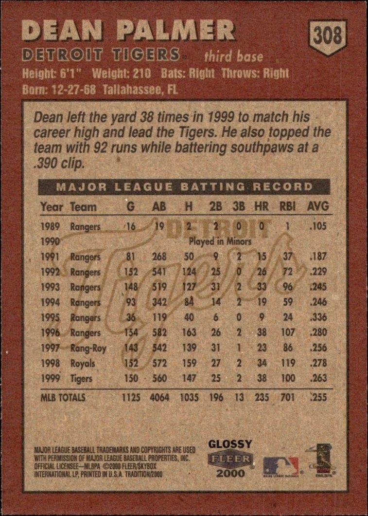 2000 Fleer Tradition Glossy Dean Palmer #308 baseball trading card back