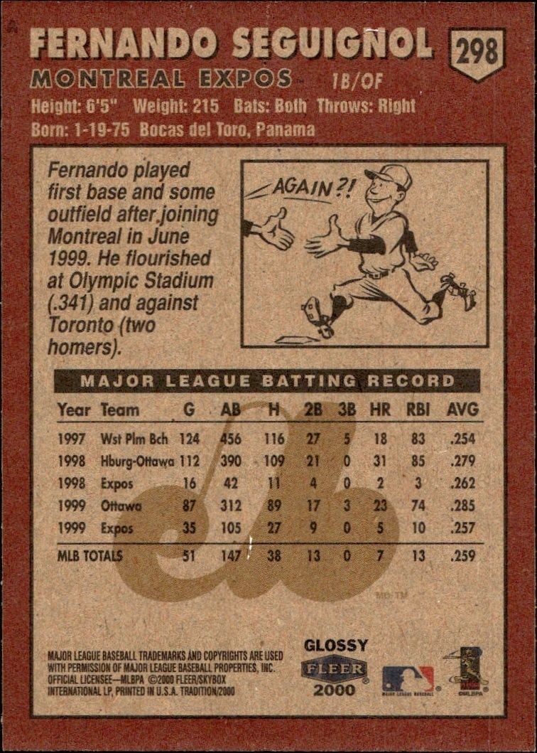 2000 Fleer Tradition Glossy Fernando Seguignol #298 baseball trading card back