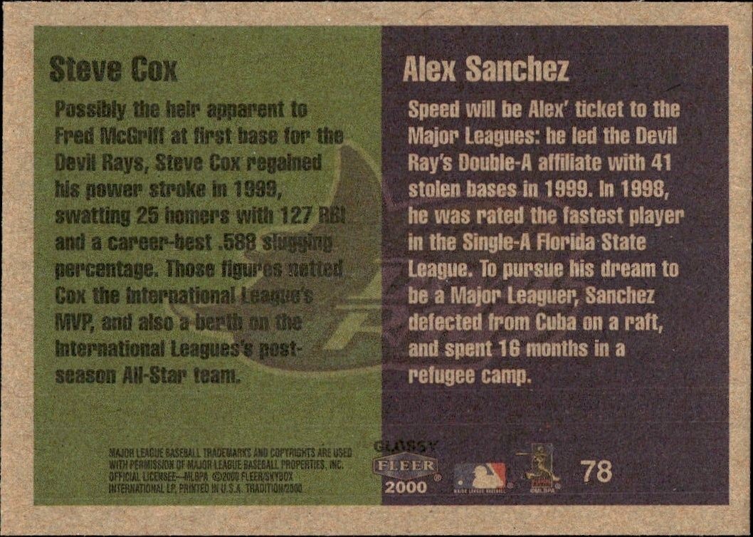 2000 Fleer Tradition Glossy Steve Cox #78 baseball trading card back
