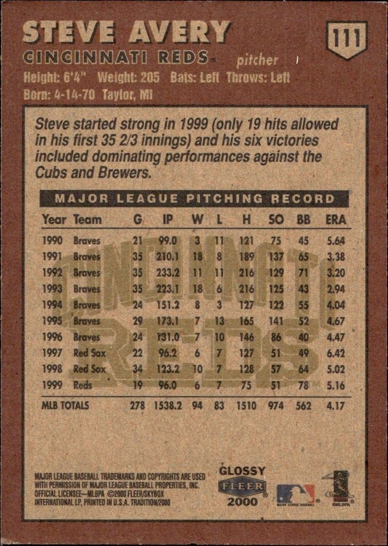 2000 Fleer Tradition Glossy Steve Avery #111 baseball trading card back