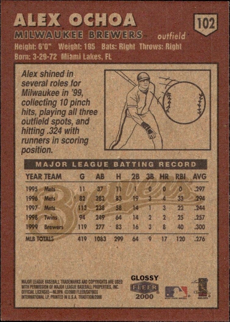 2000 Fleer Tradition Glossy Alex Ochoa #102 baseball trading card back