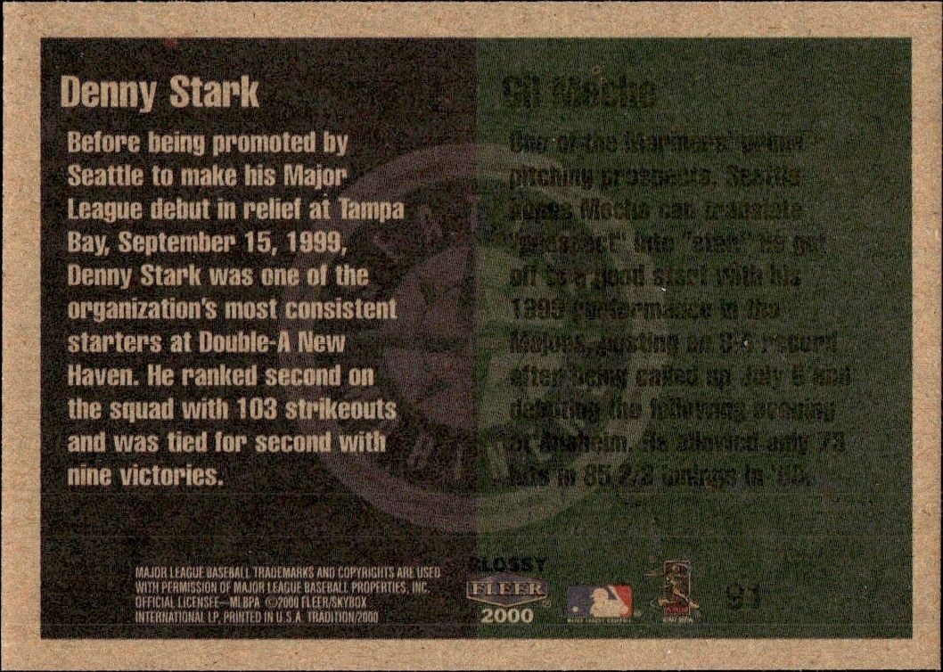 2000 Fleer Tradition Glossy Denny Stark #91 baseball trading card back