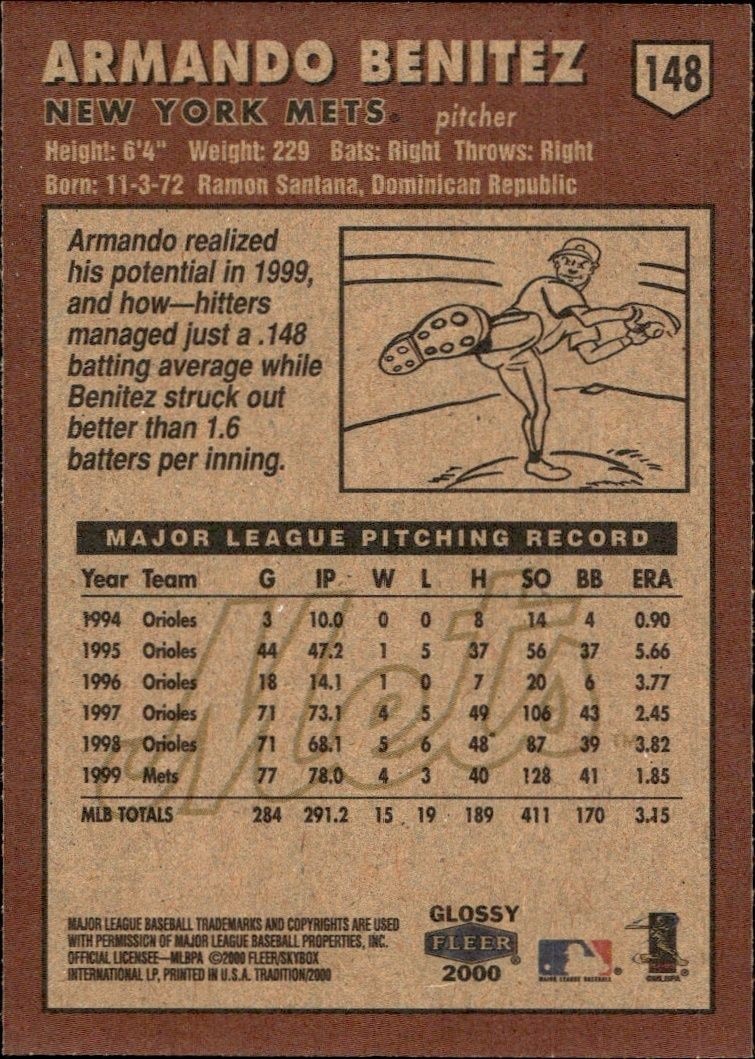 2000 Fleer Tradition Glossy Armando Benitez #148 baseball trading card back