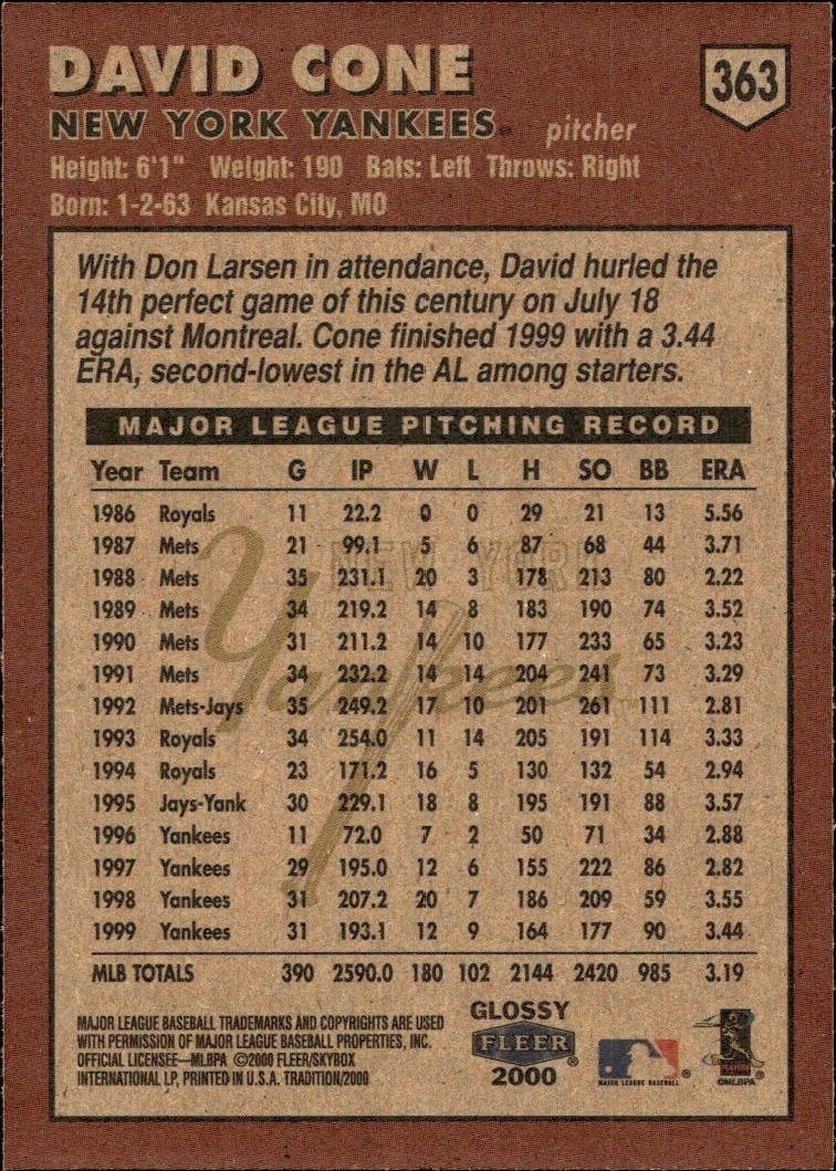 2000 Fleer Tradition Glossy David Cone #363 baseball trading card back