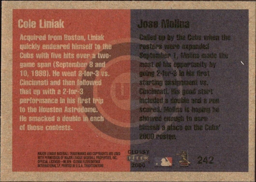 2000 Fleer Tradition Glossy Cole Liniak #242 baseball trading card back