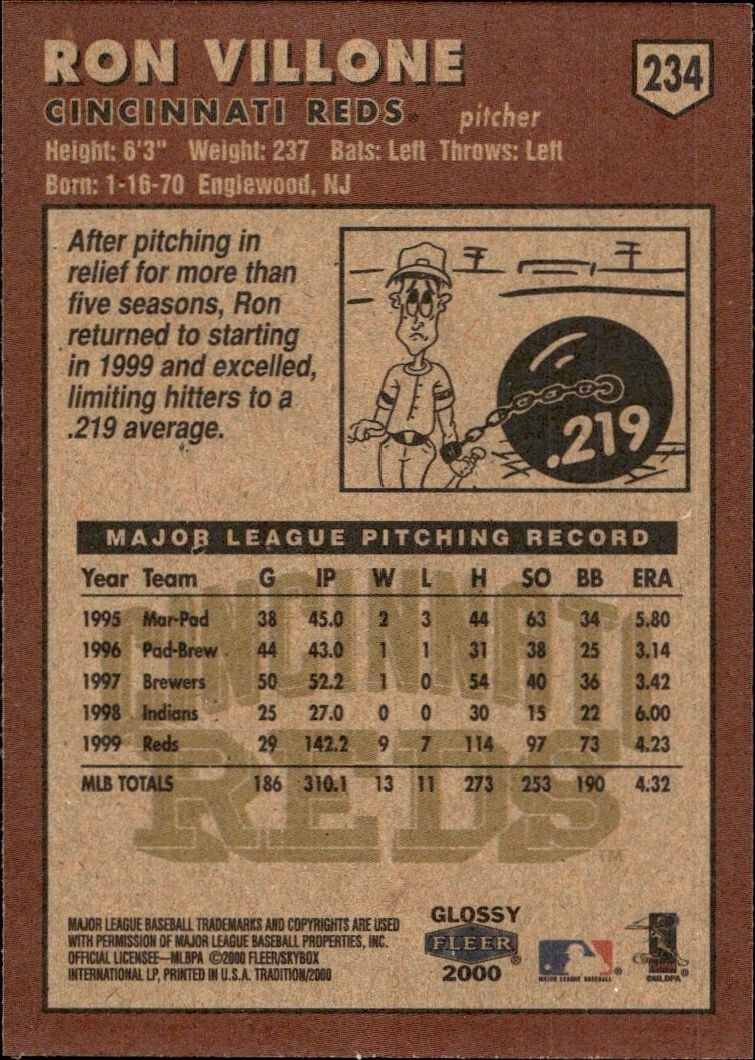 2000 Fleer Tradition Glossy Ron Villone #234 baseball trading card back