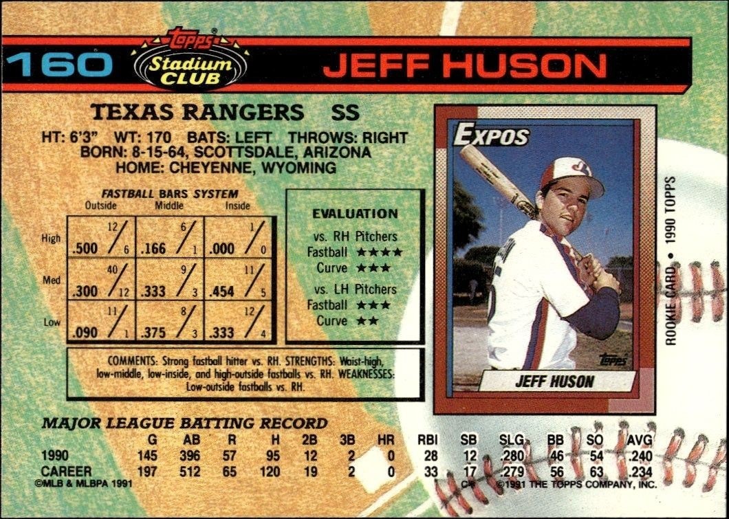 1991 Topps Stadium Club Jeff Huson #160B baseball trading card back