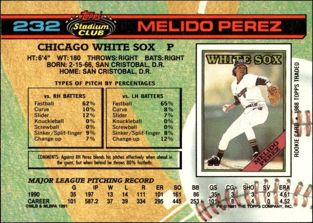 1991 Topps Stadium Club Melido Perez #232 baseball trading card back