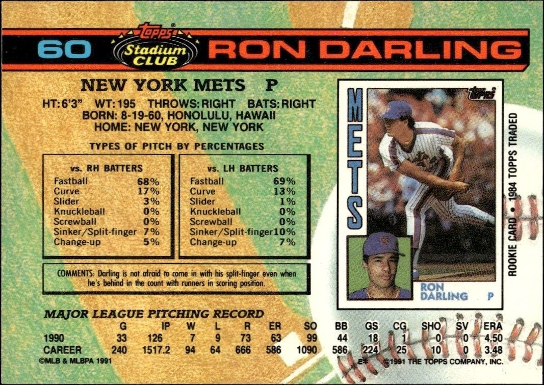 1991 Topps Stadium Club Ron Darling #60 baseball trading card back