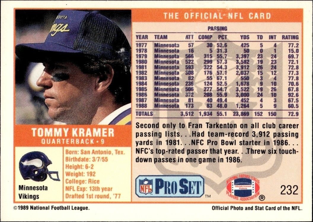 1989 Pro Set Tommy Kramer #232 football trading card back