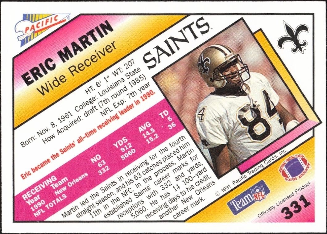 1991 Pacific Eric Martin #331 football trading card back