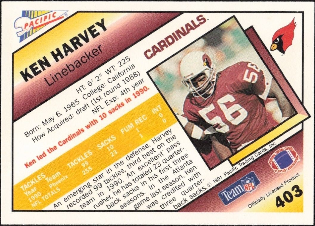 1991 Pacific Ken Harvey #403 football trading card back