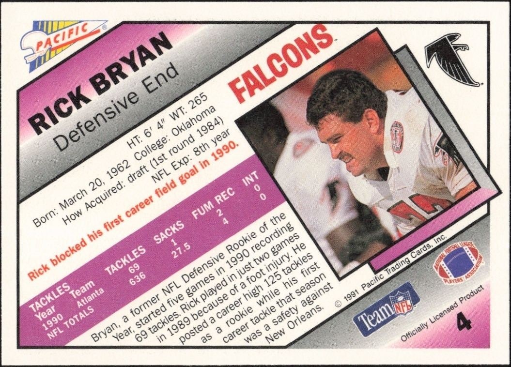 1991 Pacific Rick Bryan #4 football trading card back