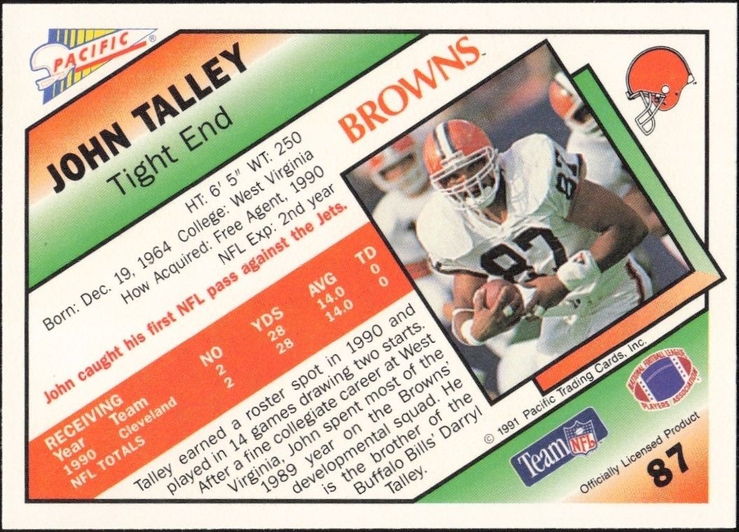 1991 Pacific John Talley #87 football trading card back