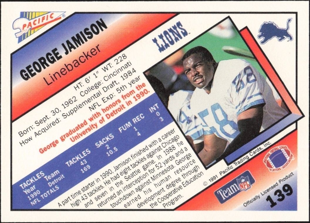 1991 Pacific George Jamison #139 football trading card back