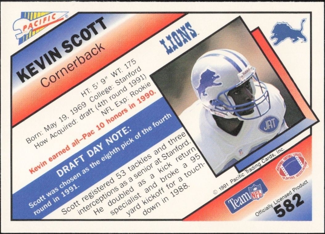 1991 Pacific Kevin Scott #582 football trading card back